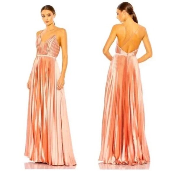 Ieena for MacDuggal Rose Gold Plunge Neck Pleated Ballgown